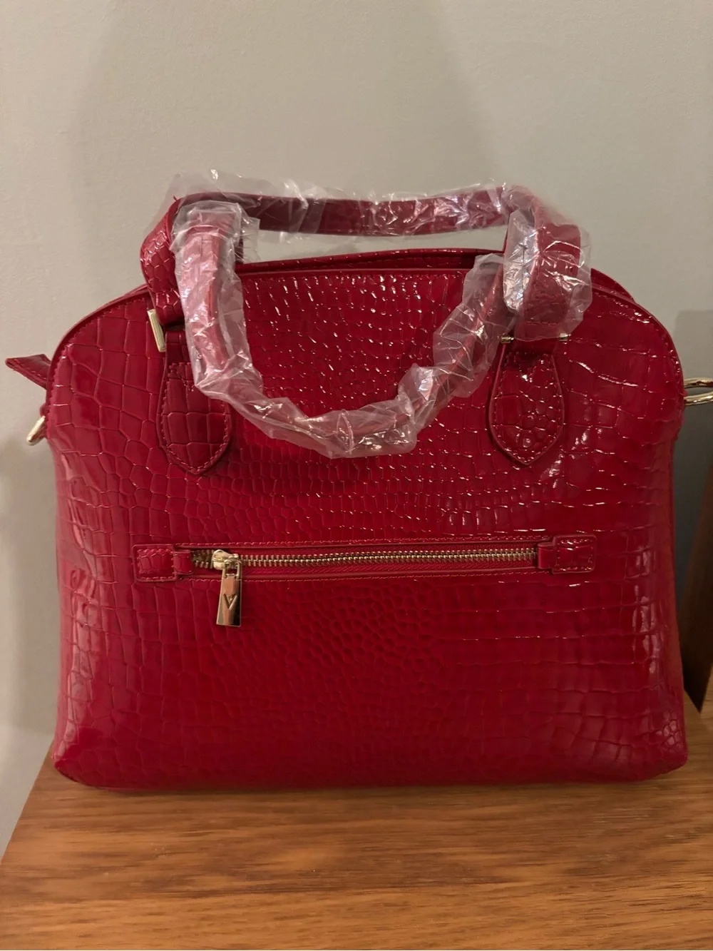 Vanessa Williams Lush round satchel vibrant red crocodile-embossed faux leather